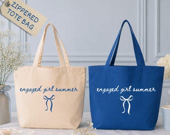 Engaged Girl Summer Zippered Tote Bag, Bride to Be Canvas Bag, Engagement Gift For Friend, Bridal Shower Gift