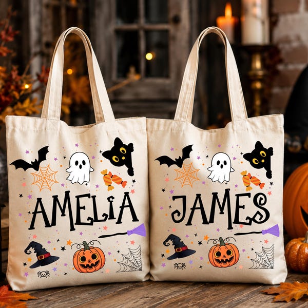 Personalized Halloween Kids Tote Bag, Custom Trick or Treat Canvas Bag, Halloween Gift