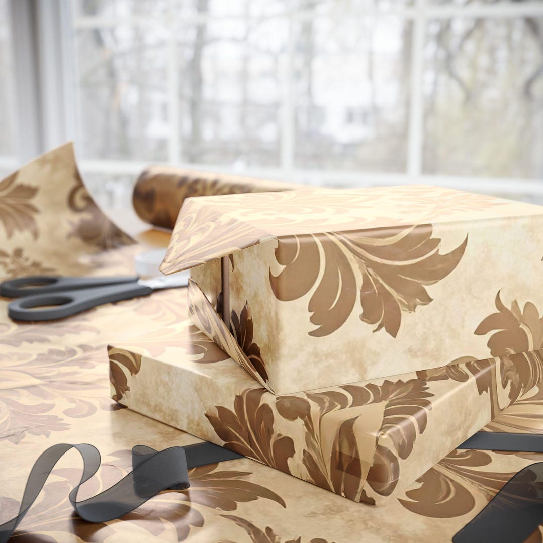 Tan Agedvintage Damask Wrapping Paper | Neutral Baroque Pattern Roll - Etsy