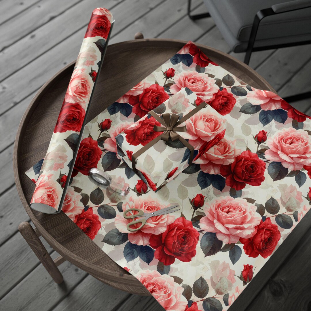 Floral Rose Wrapping Paper | Painterly Red & Pink Design - Etsy