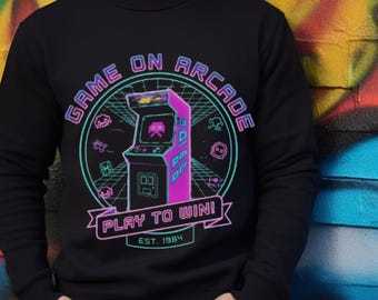 Retro Arcade Video Game Sweatshirt, Live Stream Gift, Competitive Players Sweater, Miami Vice, Nostalgic Graphic Vaporwave Birthday Pullover