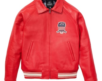 Chaqueta de aviador americana Avirex de cuero rojo para hombre, icono de cuero