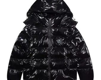 Chaqueta acolchada negra brillante para hombre, abrigo cálido de invierno con capucha y desmontable