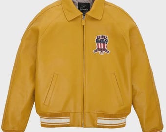 Avirex Mens Yellow Bomber Jacket Sheep Leather American Flight Sty