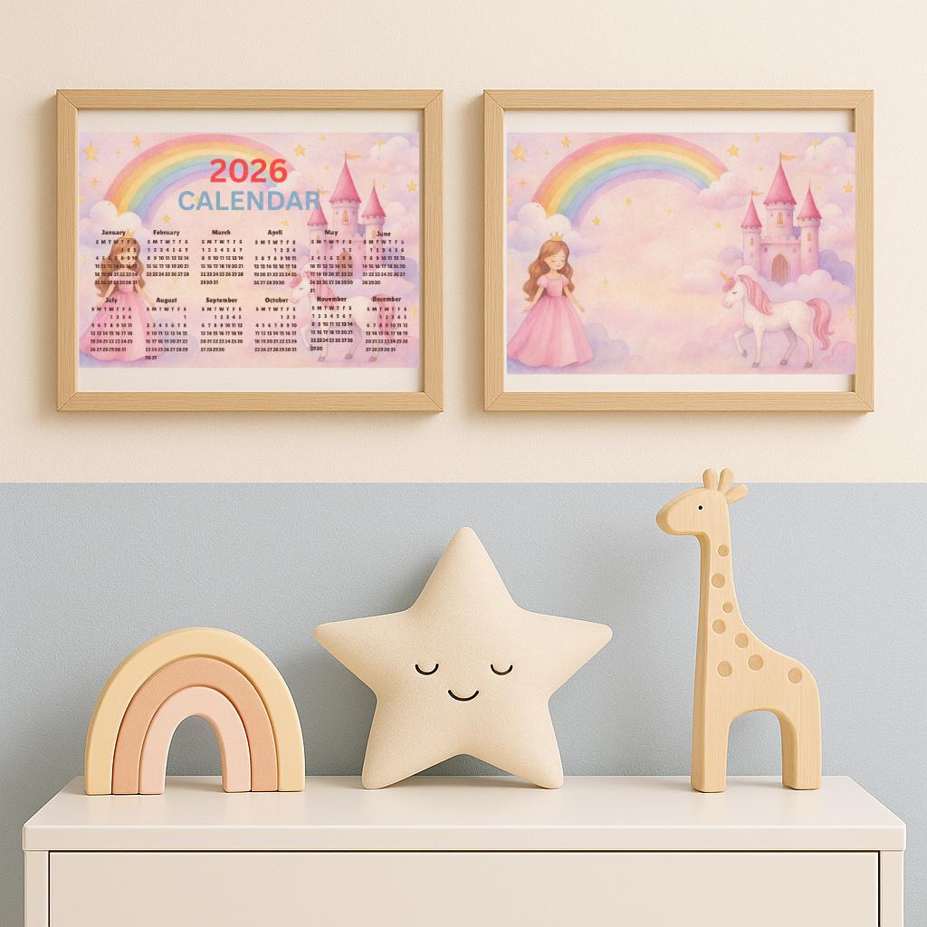 2026 Calendar Printable + Unicorn Poster | Princess Nursery Wall Art ...