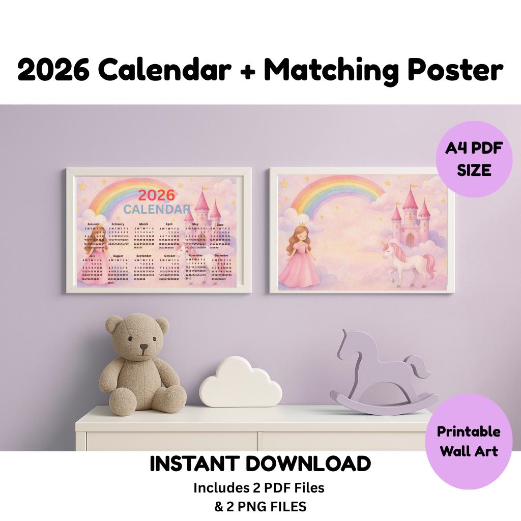 2026 Calendar Printable + Unicorn Poster | Princess Nursery Wall Art ...