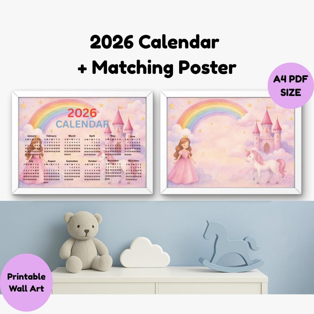 2026 Calendar Printable + Unicorn Poster | Princess Nursery Wall Art ...