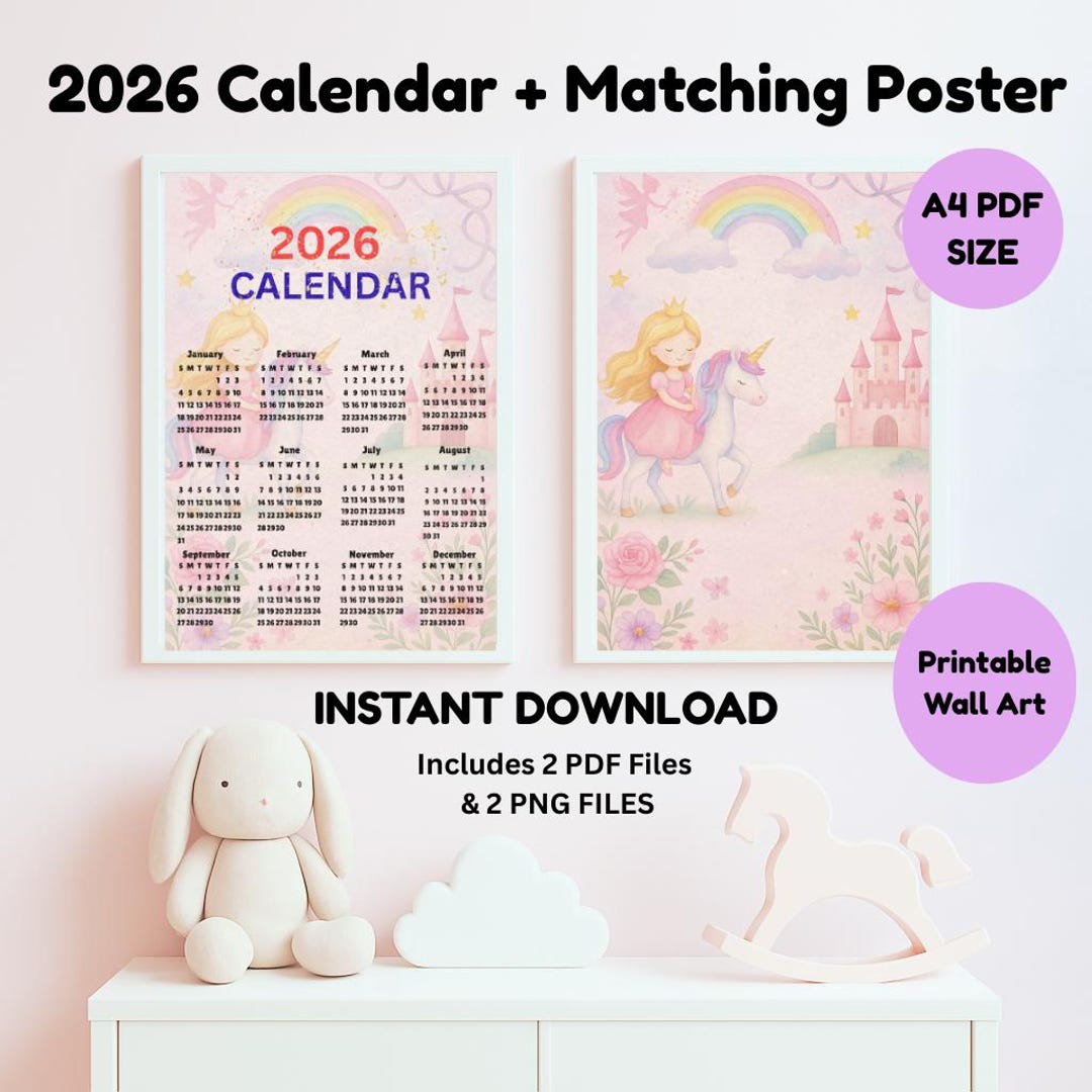 2026 Calendar Printable + Unicorn Poster | Princess Nursery Wall Art ...