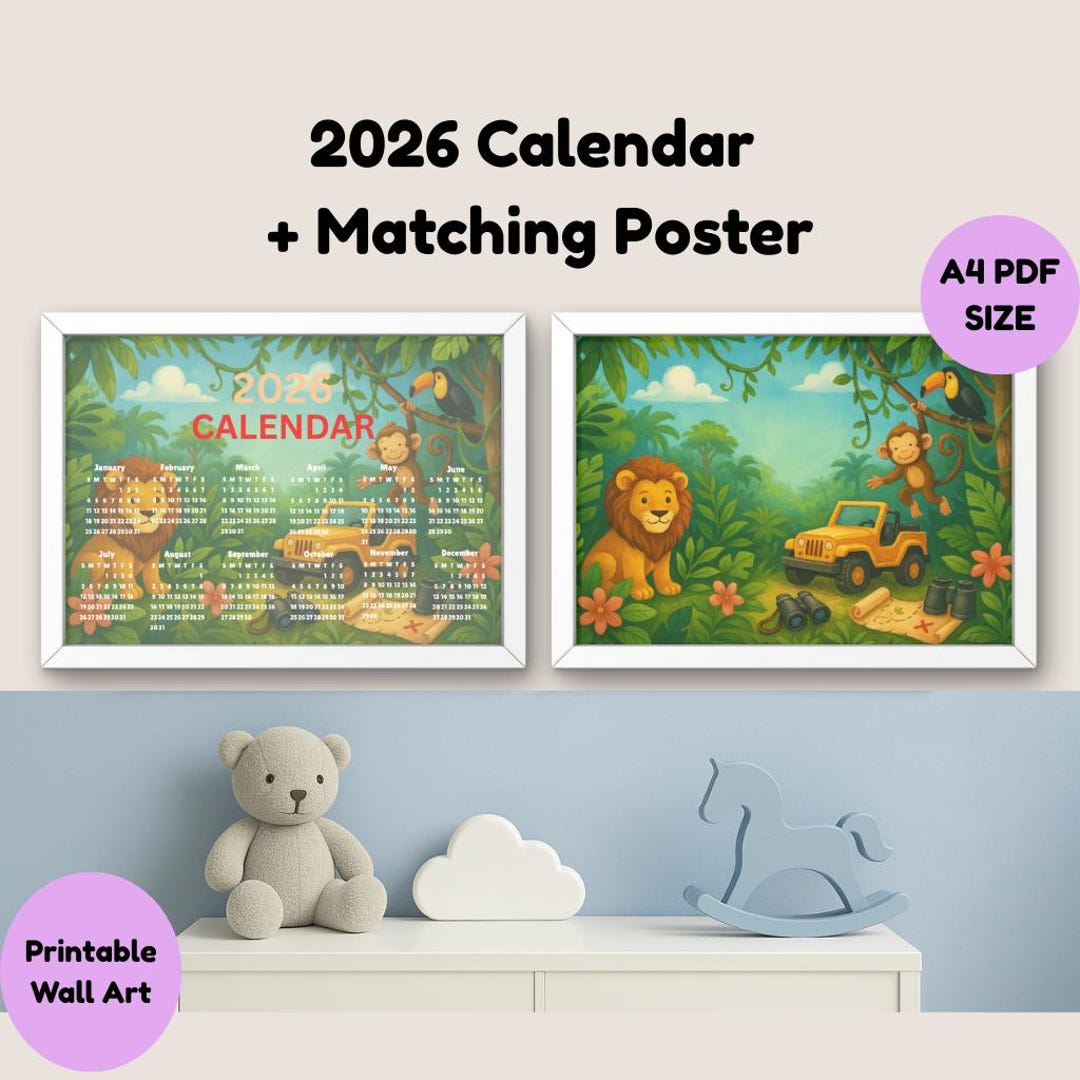 2026 Kids Calendar Printable A4 Horizontal | Jungle Nursery Wall Art ...