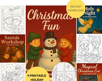 Christmas Coloring Book Set – 4 Printable Holiday Books 48 PAGES (Digital Download)