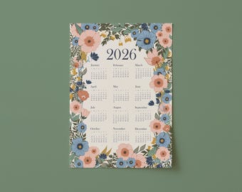 2026 Blumen Wandkalender Poster | Botanisches Jahr auf einen Blick Kunstdruck | Kalender Wall Art