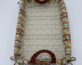 Longaberger serving tray with fabric liner and braided leather handles with complete set of storage containers.