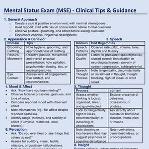 May include: A clinical guide titled "Mental Status Exam (MSE) - Clinical Tips & Guidance" with sections on general approach, appearance, behavior, speech, mood, affect, perception, thought, insight, and judgment. Includes tips and red flags.
