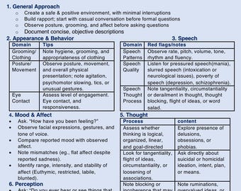 Peut inclure: Un guide clinique intitulé "Examen de l'état mental (MSE) - Conseils et directives cliniques" avec des sections sur l'approche générale, l'apparence, le comportement, la parole, l'humeur, l'affect, la perception, la pensée, la perspicacité et le jugement.