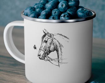 Horse Head Sketch Enamel Camping Mug | Equestrian, Vintage Line Art