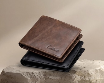 Cartera delgada plegable de piel de vacuno para hombre, estilo vintage.