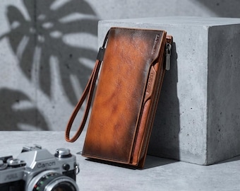 Portefeuille long vintage en cuir de vachette, pochette avec protection RFID