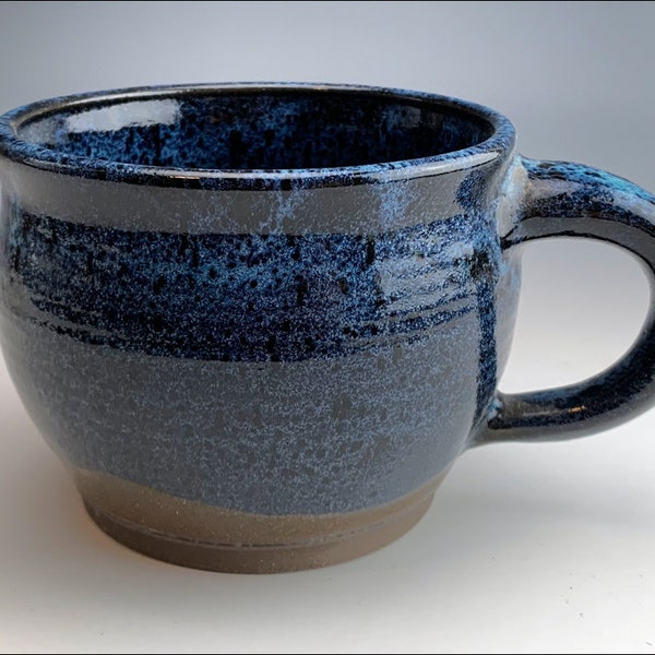 OVERSIZED MUG | masculine coffee mug, ceramic soup mug, heavy stoneware cup, large roomy handle, black sapphire blue glaze, tea cocoa latte