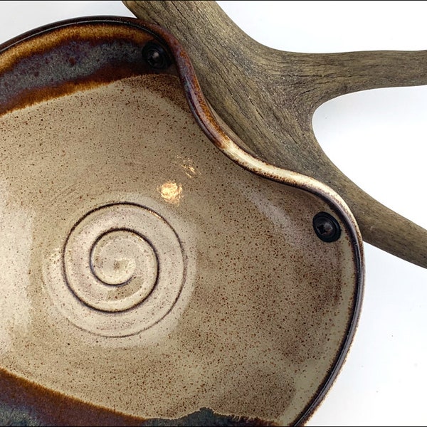 medium rustic WAVE DISH w/antler | ceramic candy bowl, deer decor, foyer display, organic centerpiece, creamy shino, remote control holder