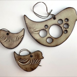 stoneware BIRD ORNAMENT | window hanging, rustic wall hanging or mobile, 2 sizes, all-season decor, twitter birdies, creamy shino glaze