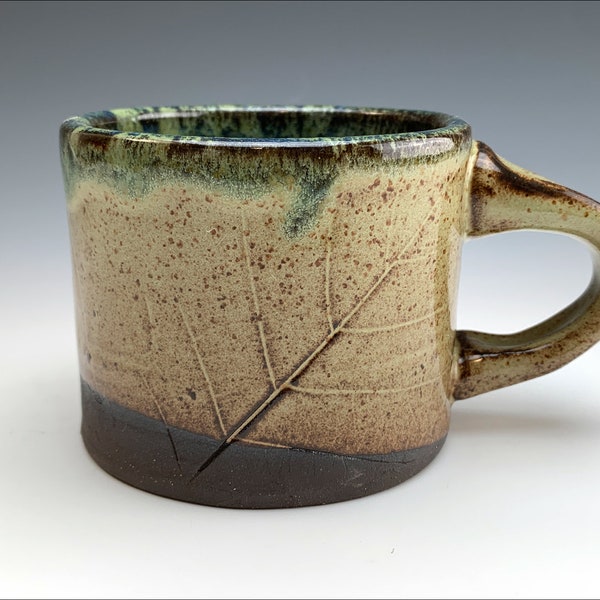 small COFFEE MUG | delicate leaf embossing, woodsy and primitive, spotted eco green and intu blue glaze, textural, natural, soup and snacks