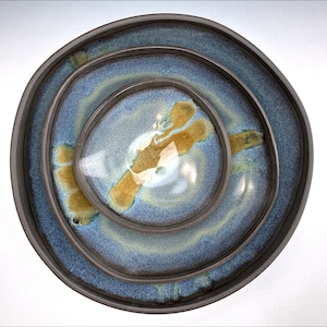 3 CUENCOS PARA SERVIR anidados / artísticos funcionales, azul horizonte, arte de buffet, bordes con formas abstractas