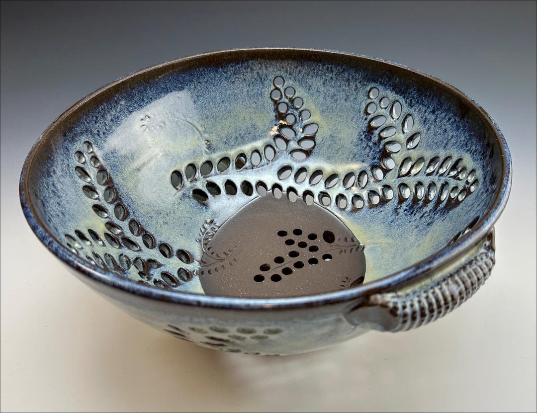 Giant BERRY BOWL | Blue Stoneware Fruit Colander, Pierced Leaves, XL ...