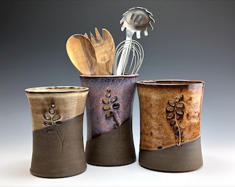 rustic BOTANICAL UTENSIL HOLDER: pierced stoneware cooking tool organizer, pink purple ivory