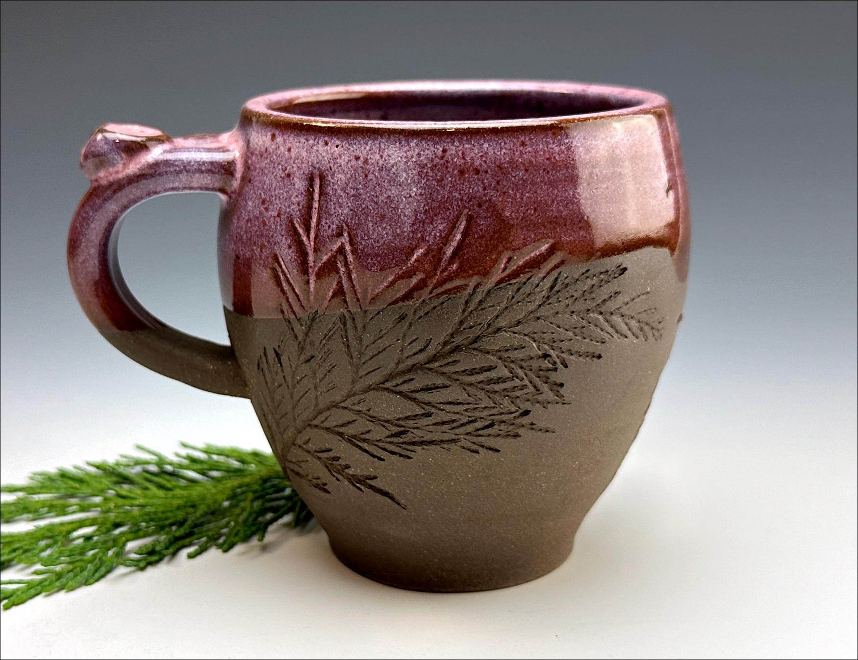 med CYPRESS MUG | pink purple rustic coffee mug, nature mug, handmade, one-of-a-kind, leafy primitive texture, nature-lover tree-hugger gift