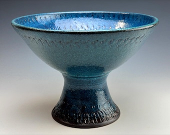 blue PEDESTAL BOWL | wheel-thrown ceramic fruit bowl, display art, centerpiece, handmade, one-of-a-kind