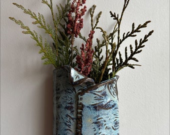 blue WALL POCKET vase | rustic planter, stoneware wall hanging, wall art, ombre denim blue glaze, embossed leaves pattern, great gift