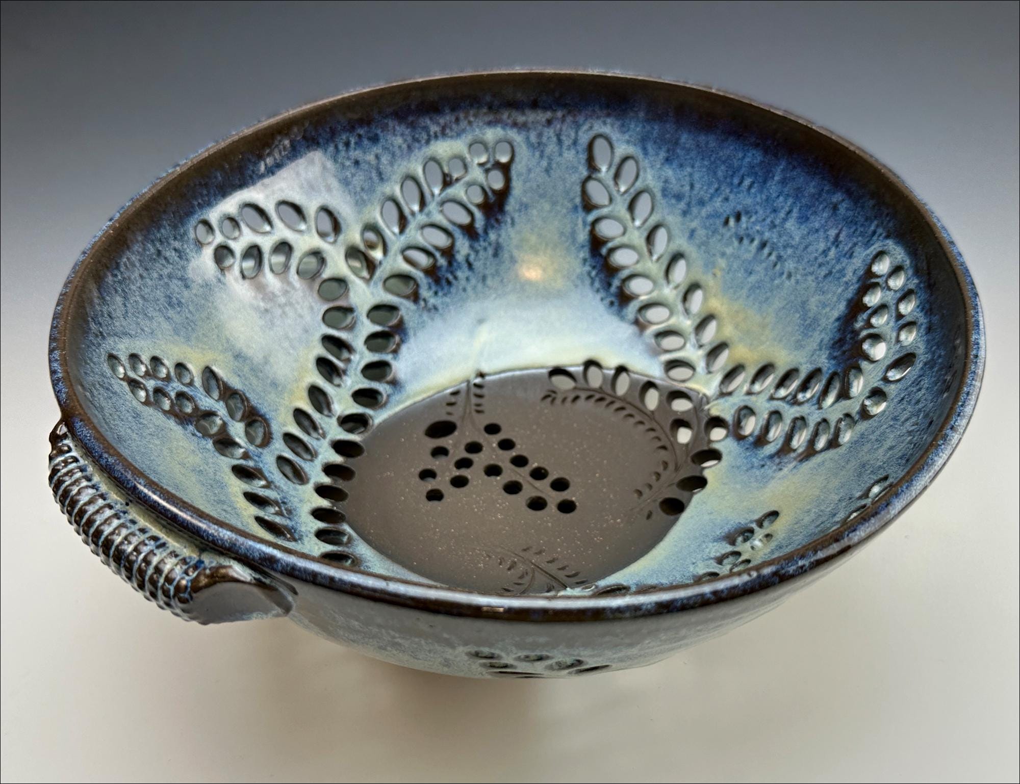 Giant BERRY BOWL | Blue Stoneware Fruit Colander, Pierced Leaves, XL ...