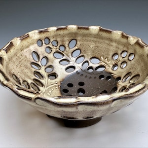 baby BERRY BOWL | rustic ivory cream fruit bowl, elegant centerpiece, colander strainer, unique pierced leaf berry fronds, gourmet gift