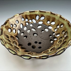 baby BERRY BOWL | rustic green fruit bowl, elegant centerpiece, colander strainer, unique pierced leaf berry fronds, gourmet gift, nature