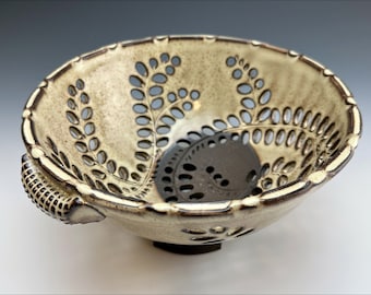 handmade BERRY BOWL | ivory fruit bowl, shabby chic centerpiece, colander strainer, pierced-leaf fronds