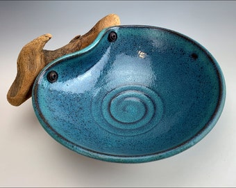 med blue WAVE DISH w/cedar driftwood | candy nut dish, rustic fruit bowl, jewelry dish, cell phone holder, ombre denim blue glaze, key dish