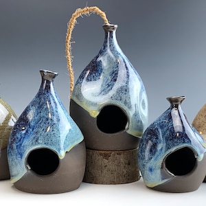 rustic blue BIRDHOUSES | black clay, ombre denim blue glaze, coco rope, bird feeder, funky teardrop shape, air planter, indoor/outdoor decor