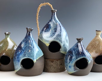 rustic blue BIRDHOUSES | black clay, ombre denim blue glaze, coco rope, bird feeder, funky teardrop shape, air planter, indoor/outdoor decor