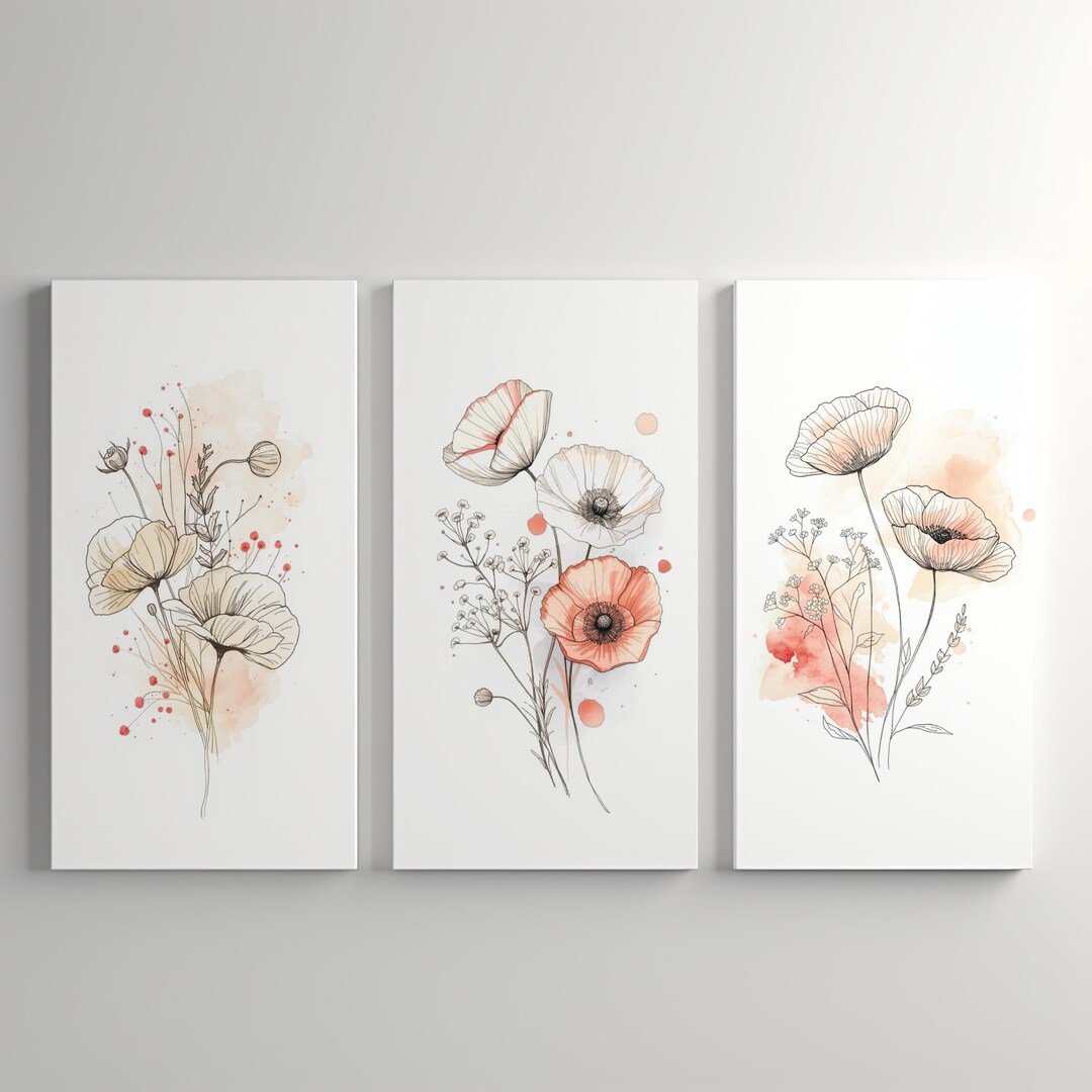 Floral Line Art Prints, Minimalist Beige & Red Set of 3 (digital ...