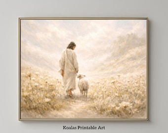 Jesus and the Sheep Print, Bible Wall Art, Good Shepherd Painting, Cottagecore Vintage Lamb, Jesus Leaves The 99 Christian Large Printable