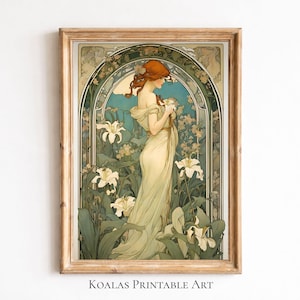 Stampa di fiori di giglio di donna in stile Art Nouveau, stile Alphonse Mucha, arte murale vintage, download digitale