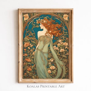 Peut inclure: Une impression d'art encadrée représentant une femme aux cheveux roux et une robe verte, entourée de fleurs et de feuillage. L'œuvre d'art a un fond bleu sarcelle et est dans un cadre en bois. Le texte "KOALAS PRINTABLE ART" est en bas.