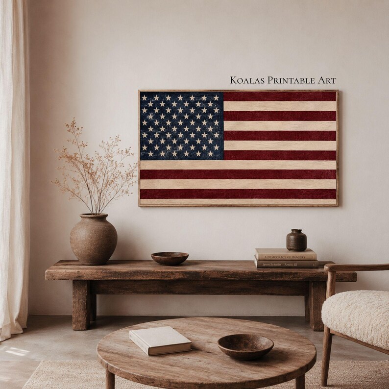 May include: A rectangular wall art print featuring the United States flag with a distressed, weathered texture in muted red, white, and blue tones. The text Koalas Printable Art is printed in the upper right corner of the artwork.