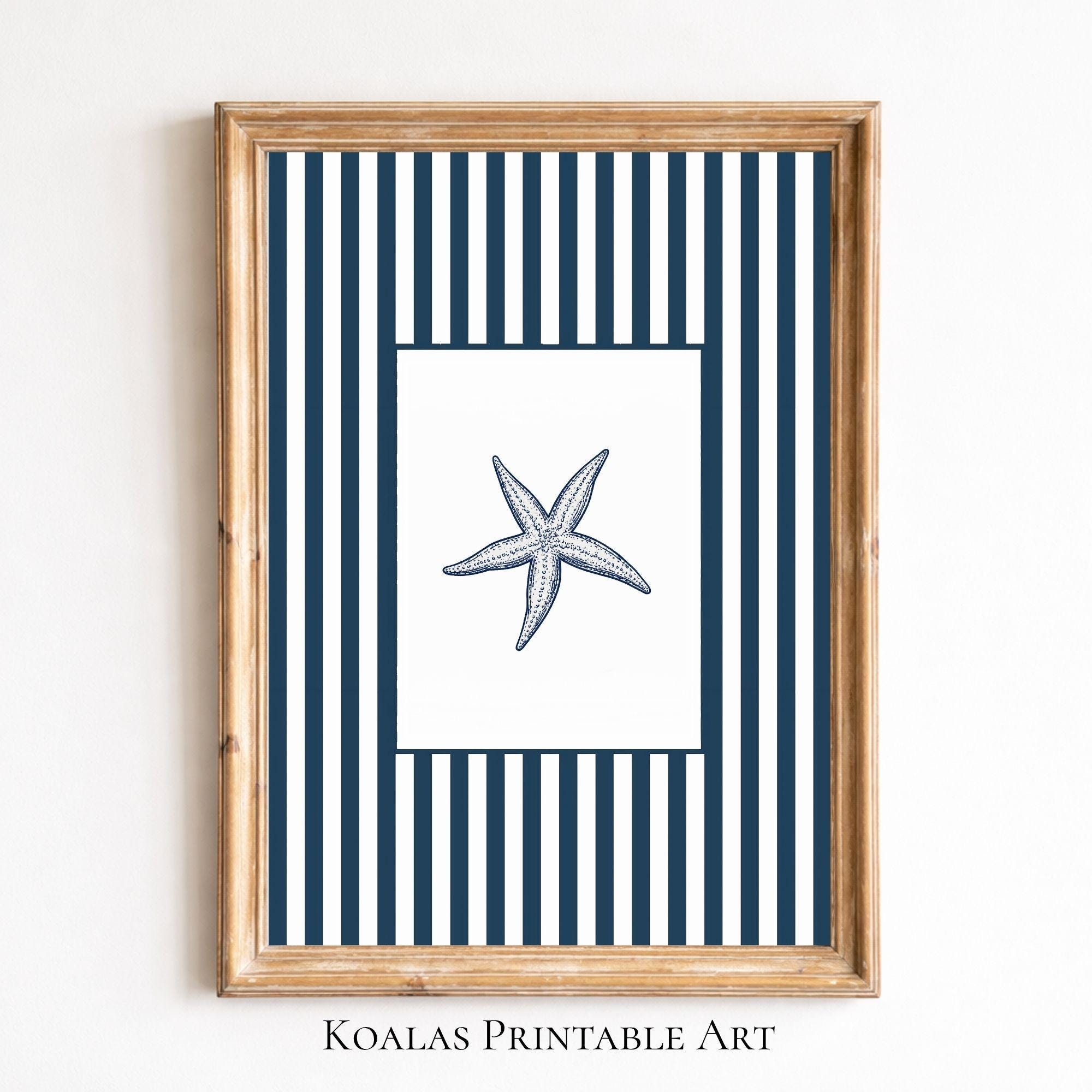Coastal Wall Art Set of 3, Navy Blue Striped Beach Prints, Vintage ...