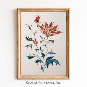 Floral Ebru & Tile Art Print / Printable Pastel Marbling Wall Art / Fluid Red Home Decor /Flower Pattern in Water / Digital Download Modern