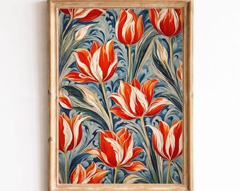 Turkish Ebru Art Print: Red Tulip Pattern (Digital Download)