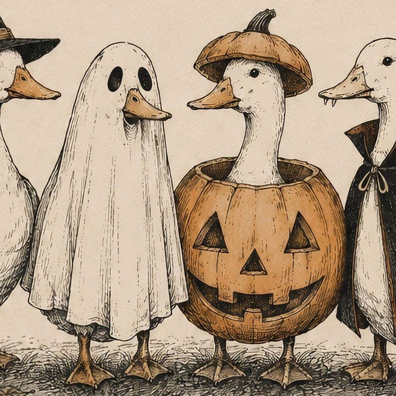 May include: An ink and watercolor illustration of four ducks in Halloween costumes. One wears a witch hat, one is a ghost with a white sheet, one sits inside a carved jack-o'-lantern pumpkin, and one wears a black vampire cape with fangs.