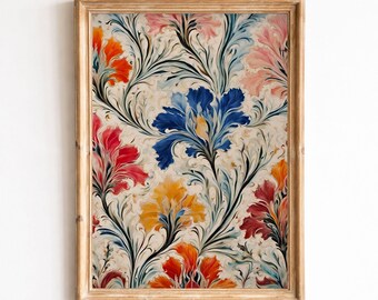 Impresión artística de tulipán turco Ebru, decoración otomana jaspeada (descarga digital)