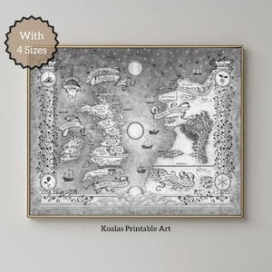 May include: A monochrome framed print of a fantasy map, depicting various regions and geographical features. The map includes text such as "Drithian", "Hybern", and "Mortal Lands". The print is framed and labeled "Koalas Printable Art".