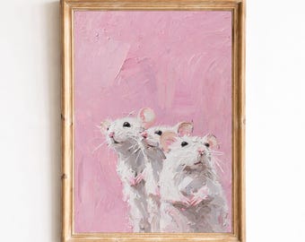 Pink Mouse Painting Print, Bathroom Wall Art, Antique Victorian Cottagecore Painting, Easter Cute Nursery Mice, Digital Download, Soft Pink